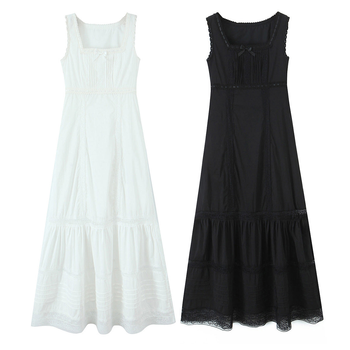 Spring Lace Slim Fit Bow Embellished Square Collar Vest Dress