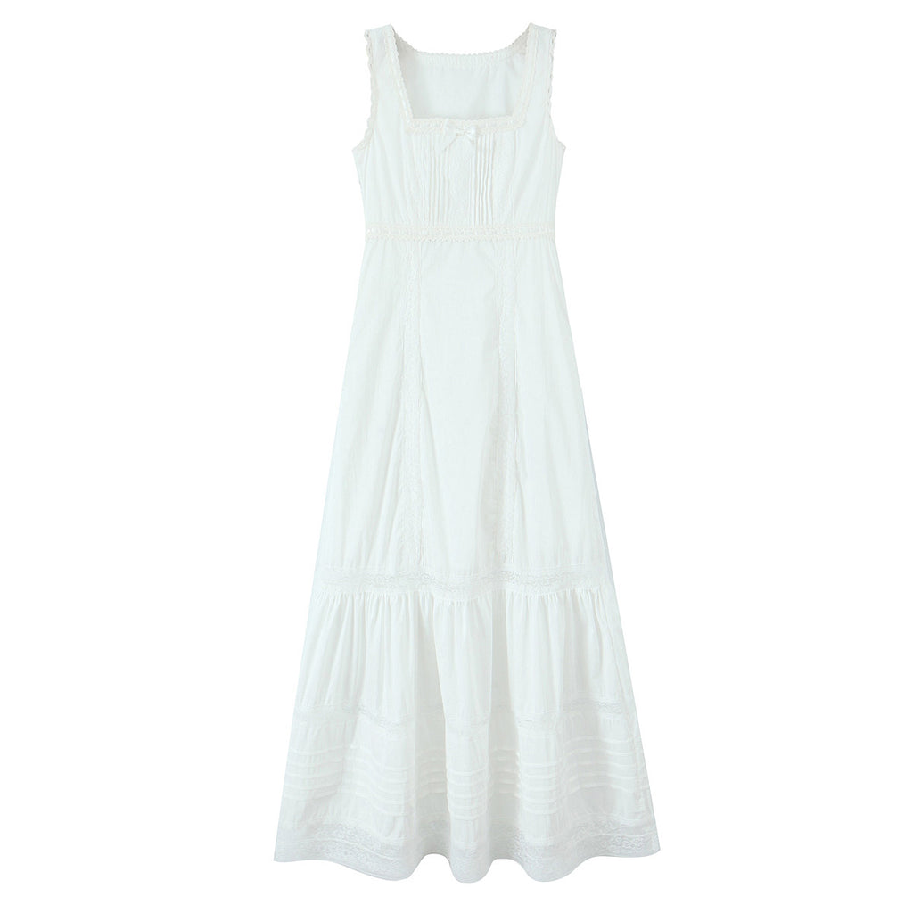 Spring Lace Slim Fit Bow Embellished Square Collar Vest Dress