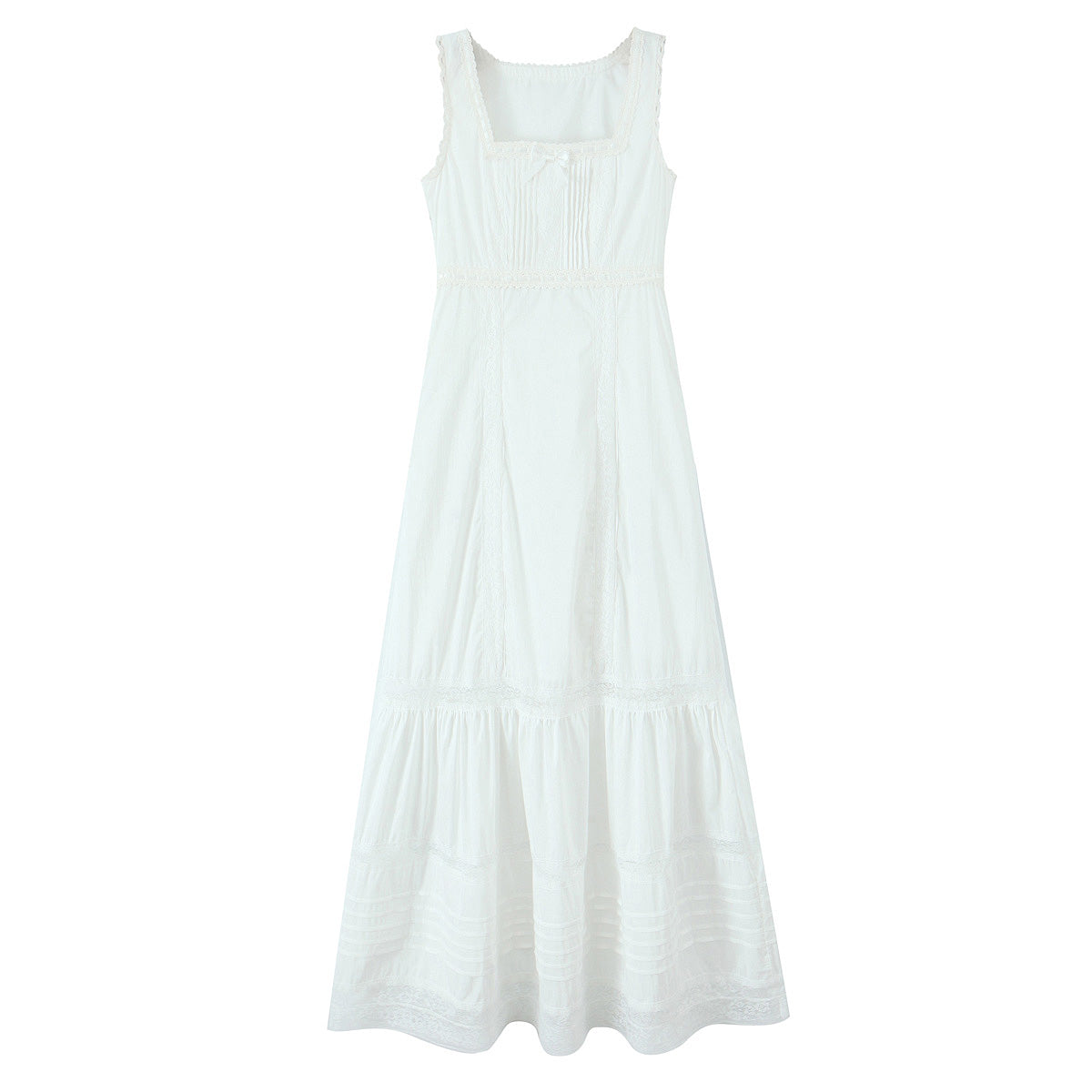 Spring Lace Slim Fit Bow Embellished Square Collar Vest Dress