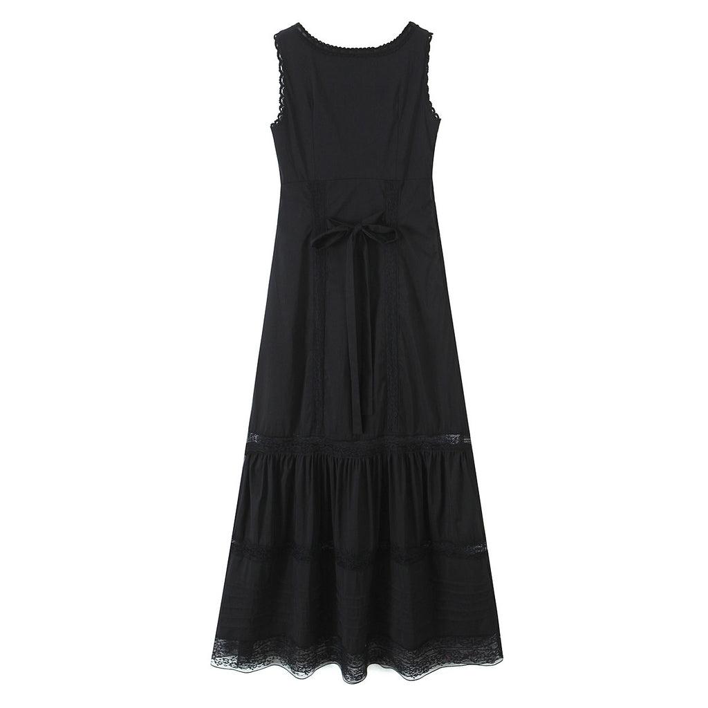 Spring Lace Slim Fit Bow Embellished Square Collar Vest Dress