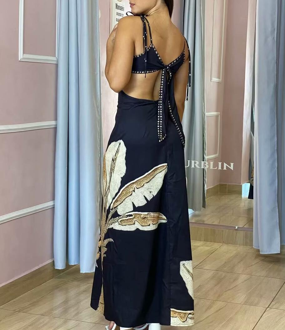 Summer Elegant Dress Backless Cropped Outfit Printed Black Slim Strap Dress