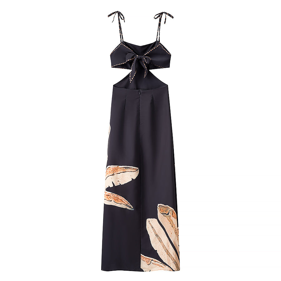Summer Elegant Dress Backless Cropped Outfit Printed Black Slim Strap Dress