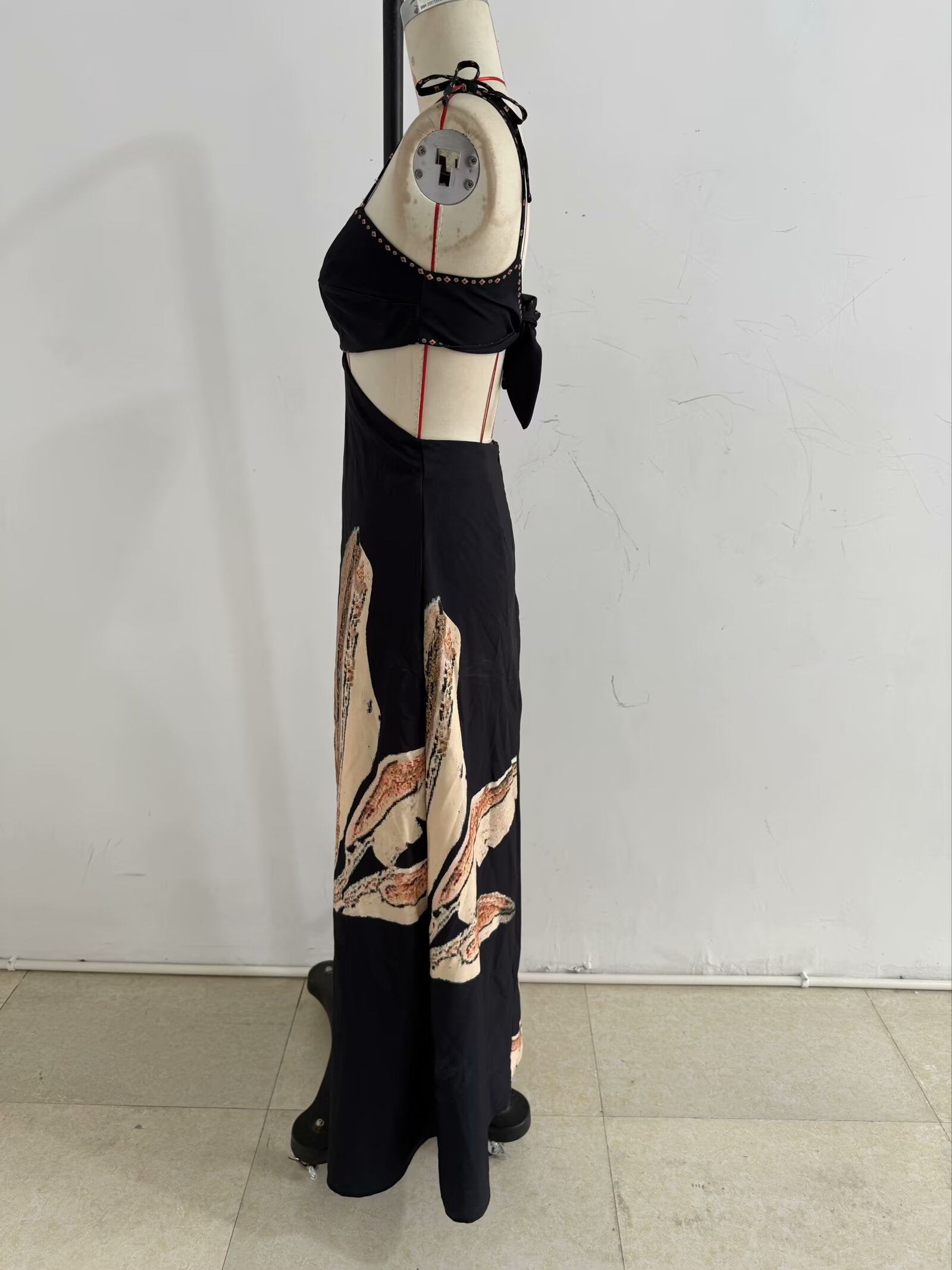 Summer Elegant Dress Backless Cropped Outfit Printed Black Slim Strap Dress