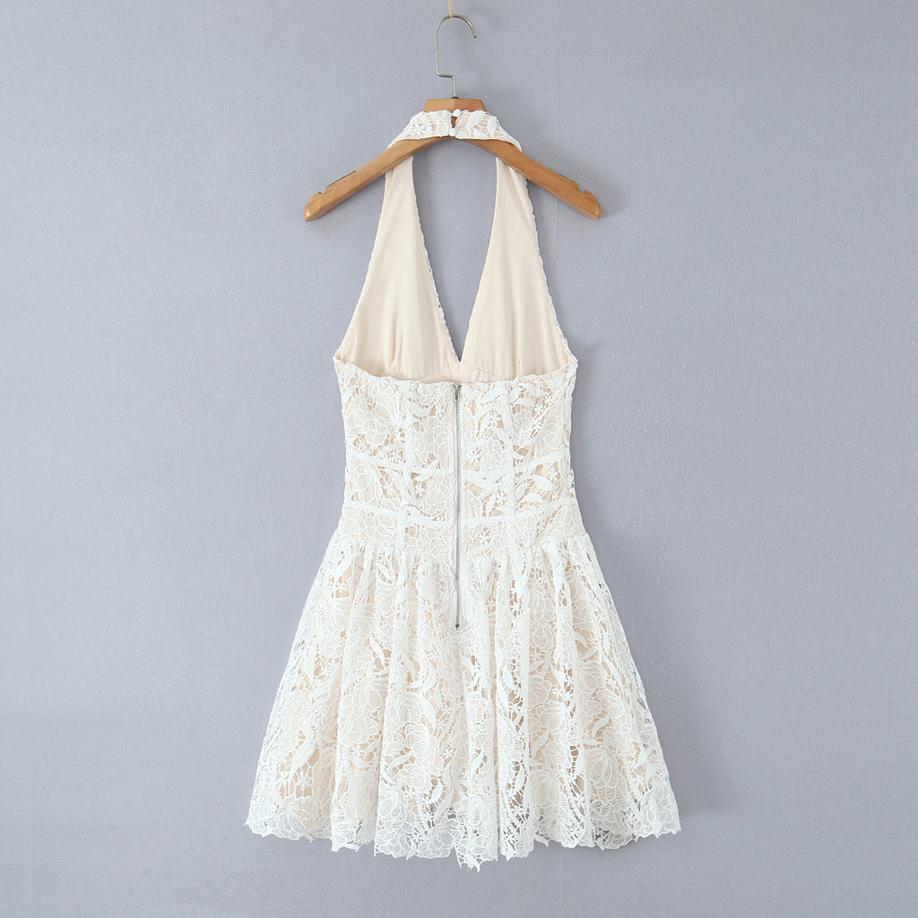 Robe classique sexy à décolleté plongeant en V, broderie crochet et dentelle, élégante robe trapèze à taille haute et dos nu