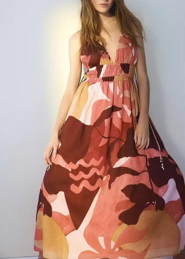 Rayon Printed Tassel Beads Bohemian Sling Dress Summer Sexy Backless Midi Dress