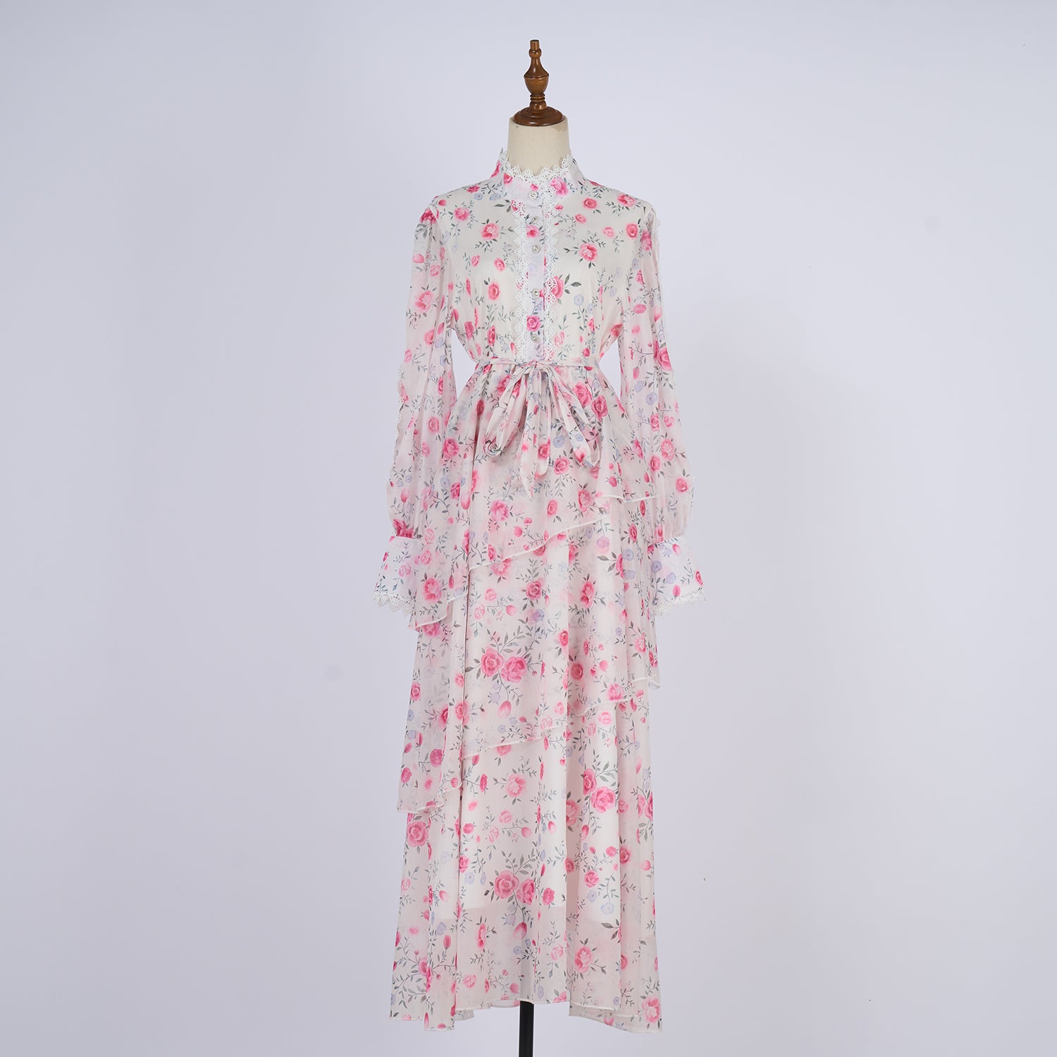 Women Spring And Autumn Long Sleeve Printed Buttons Of The Belt Dress