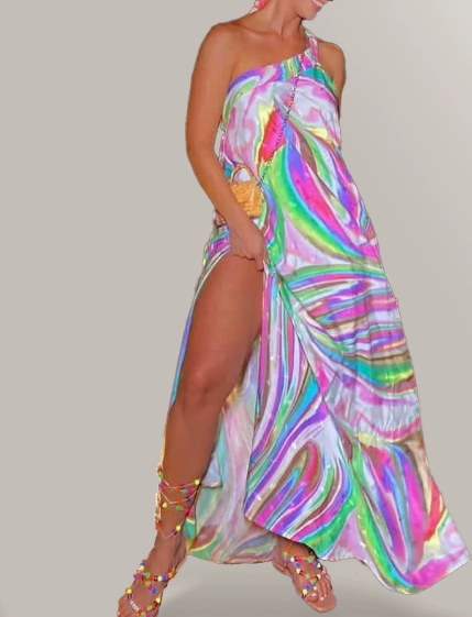 Arrival Spring Summer Women Wear Printed Lace up Slit Backless Vacation Dress Maxi Dress