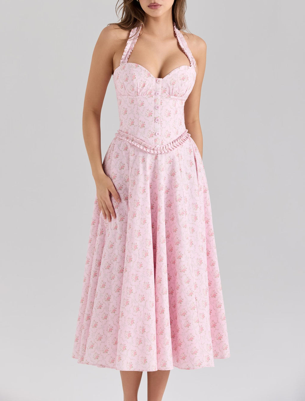 Robe romantique rose poudré à fleurs, sexy et amincissante, taille cintrée, dos nu et décolleté dos nu