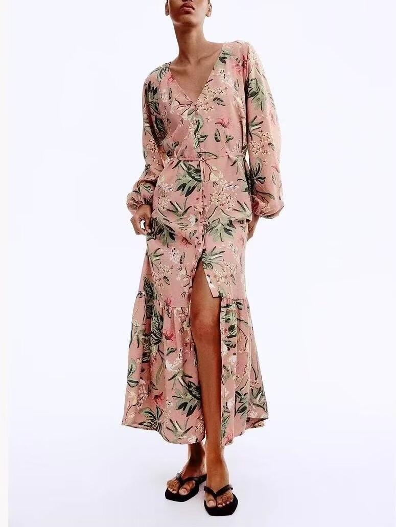 Vestido holgado informal bohemio con cinturón estampado de rayón para mujer de verano