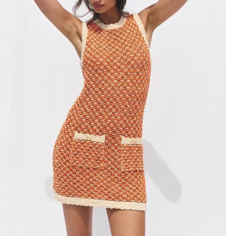 Women Clothing Summer round Neck Pocket Decorative Texture Knitted Mini Dress Women Dress