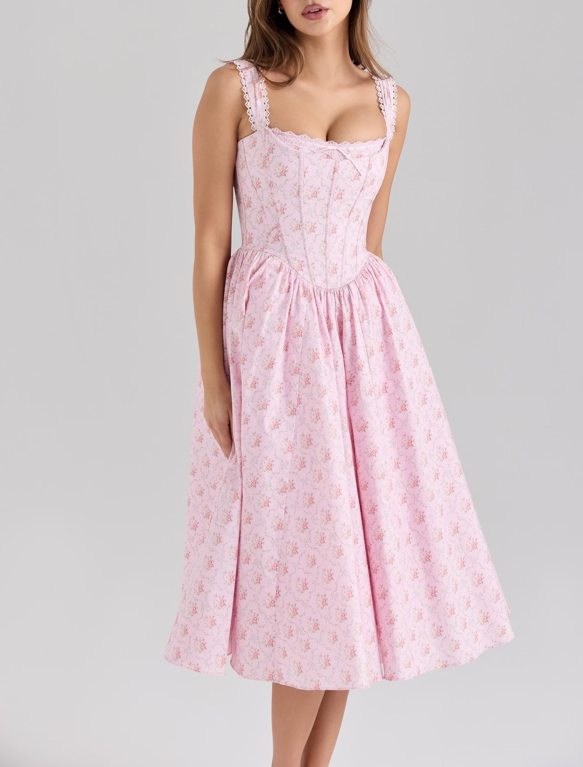 Elegant Floral Lace Lace Sling Dress Dress Summer Cinched Waist Slim Fit Midi Dress Women