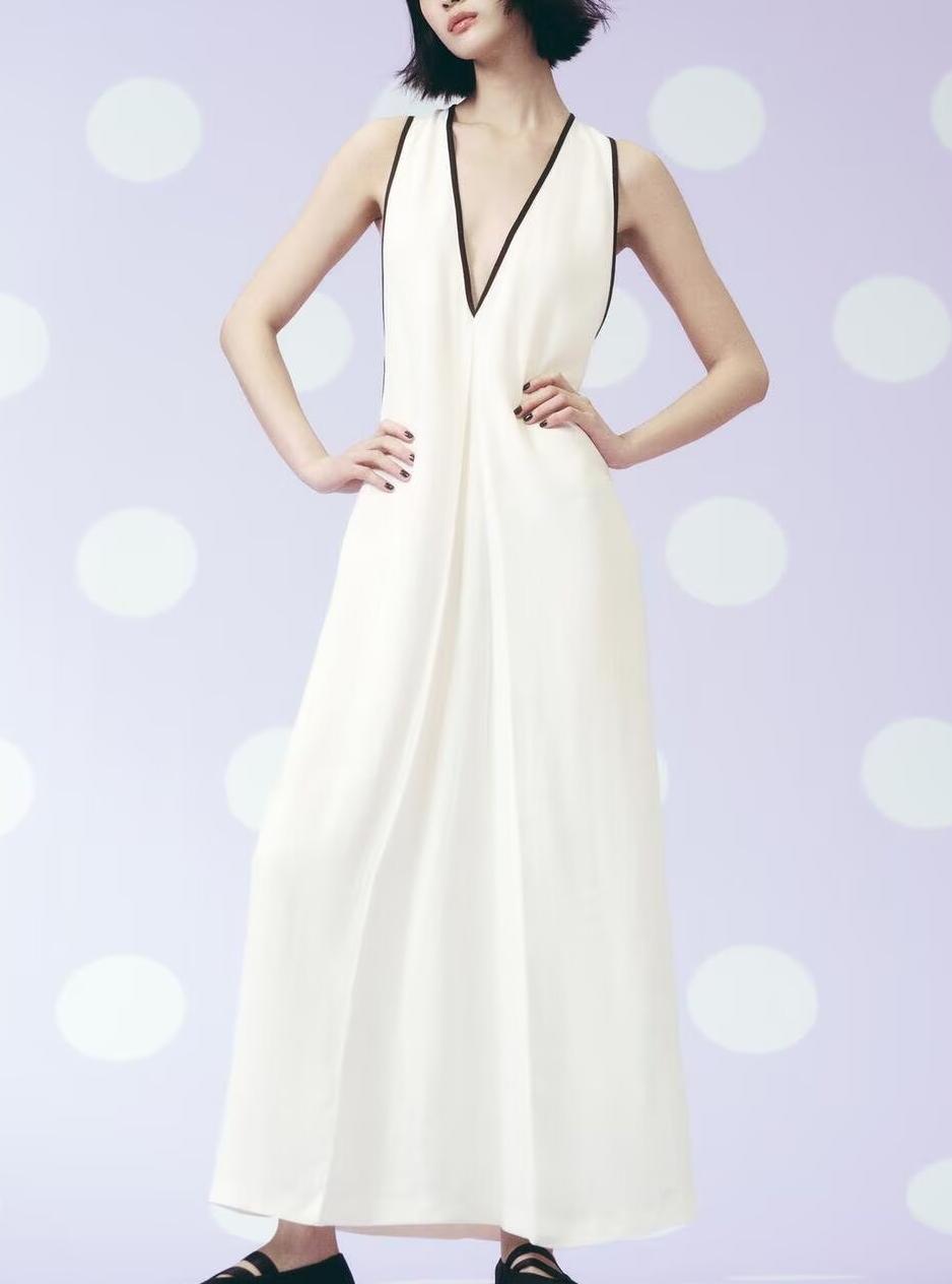 Robe d'été simple à col en V et bordures en lin mélangé pour femme