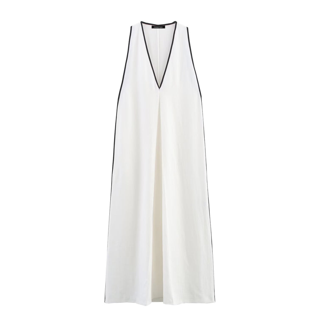 Robe d'été simple à col en V et bordures en lin mélangé pour femme