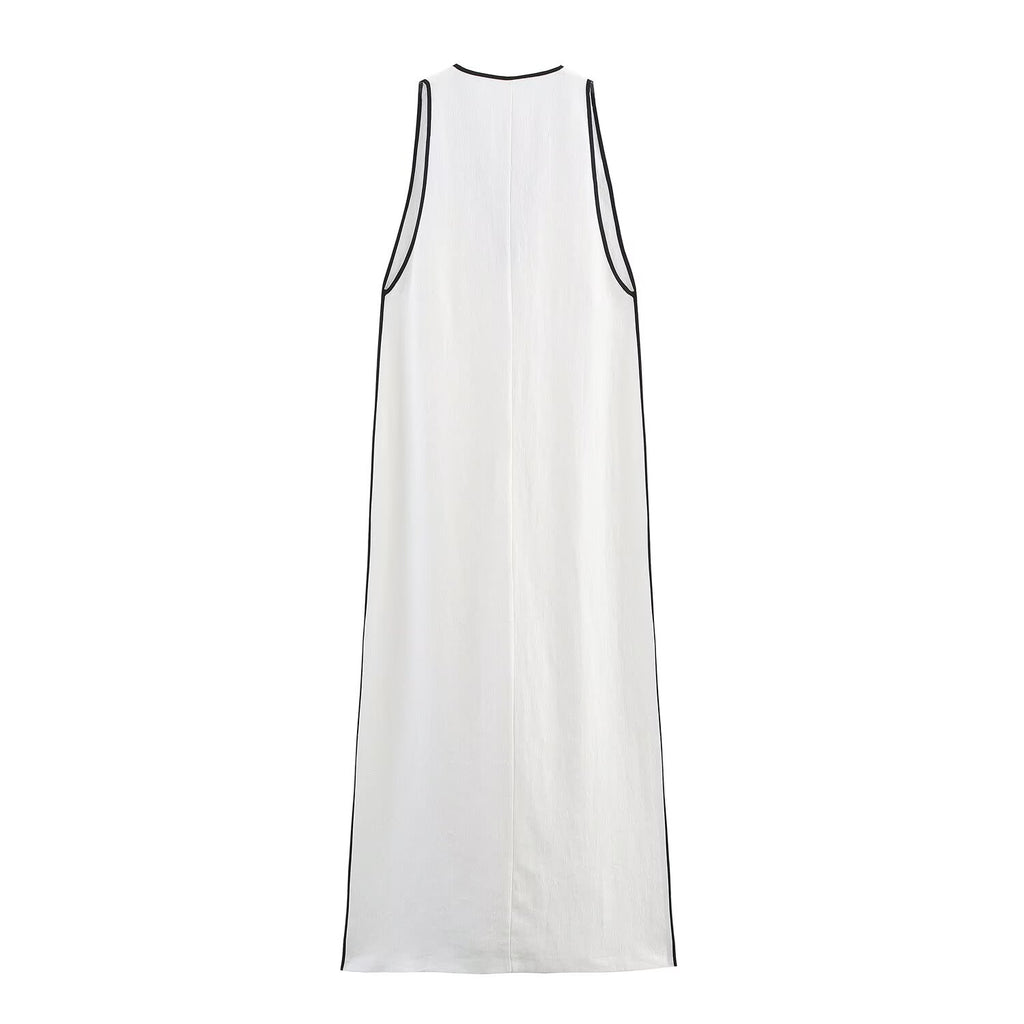 Robe d'été simple à col en V et bordures en lin mélangé pour femme