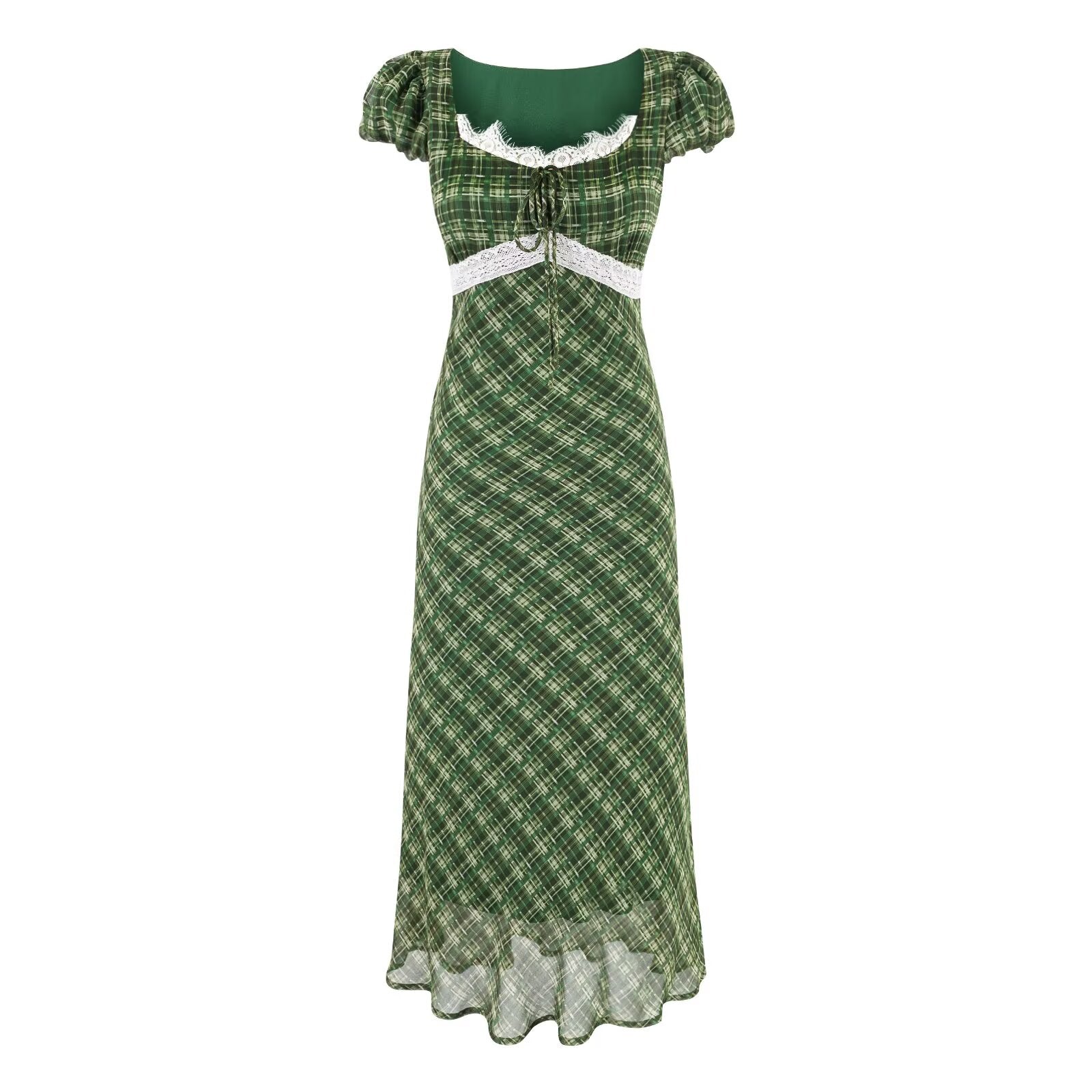 Robe maxi cintrée à col en U, laçage au niveau de la poitrine, manches courtes et taille cintrée.