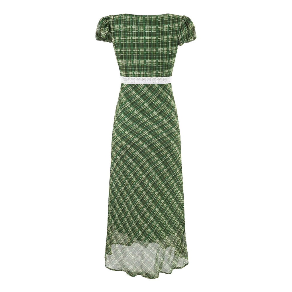 Robe maxi cintrée à col en U, laçage au niveau de la poitrine, manches courtes et taille cintrée.
