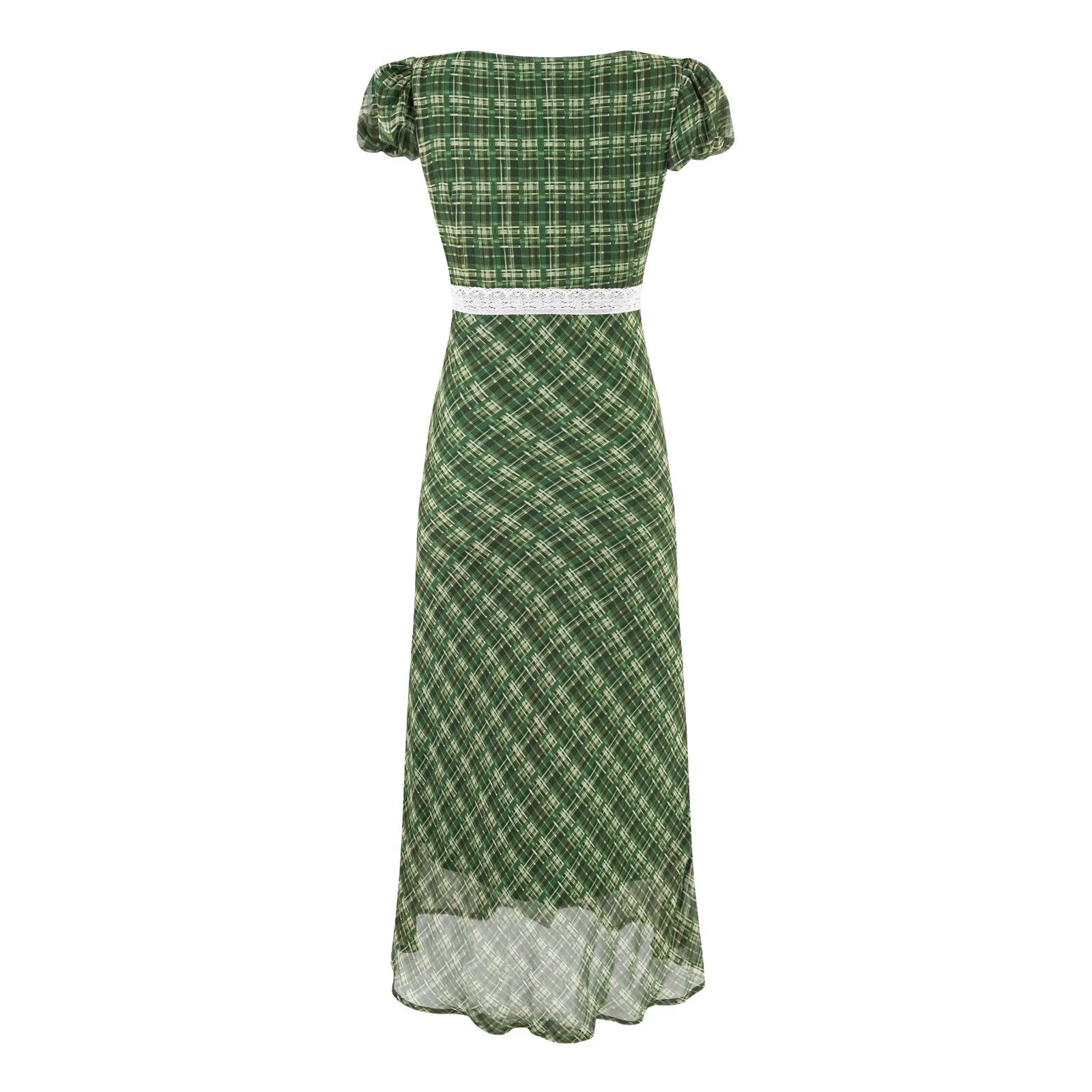 Robe maxi cintrée à col en U, laçage au niveau de la poitrine, manches courtes et taille cintrée.