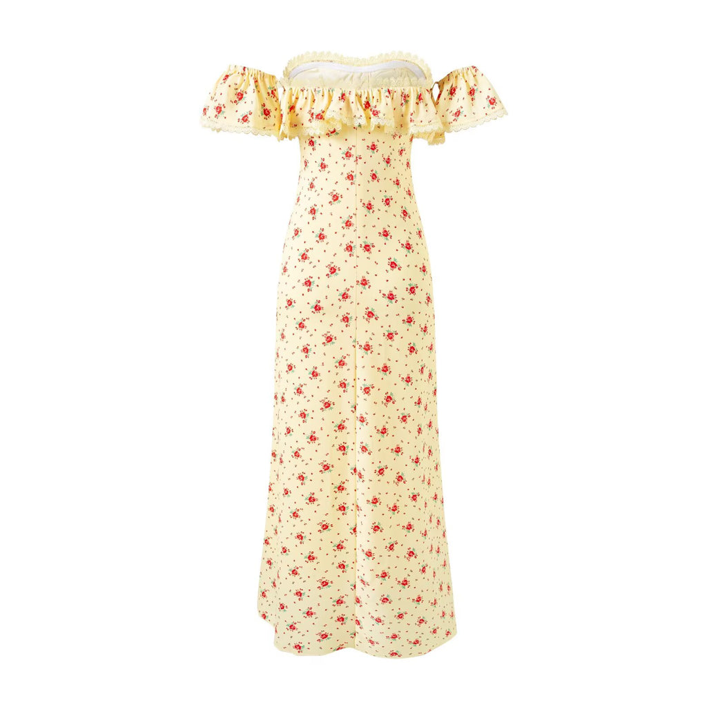 Robe longue d'été romantique à volants en dentelle florale, bustier et taille cintrée, coupe ajustée, idéale pour les vacances à la mer.