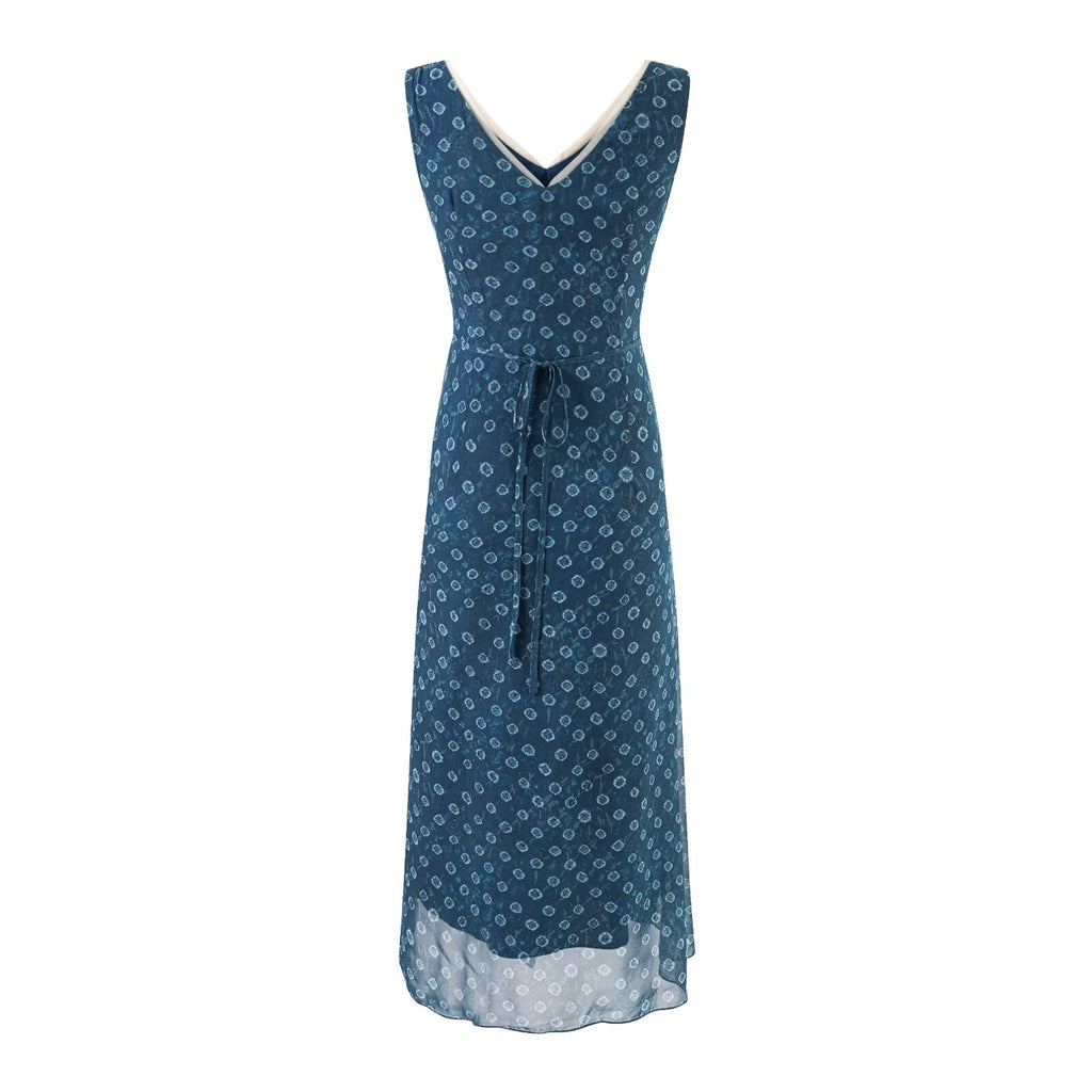 Robe d'été sans manches à col V en organza patchwork amincissante et taille cintrée, coupe ajustée, ornée de fleurs et d'empiècements à la taille.