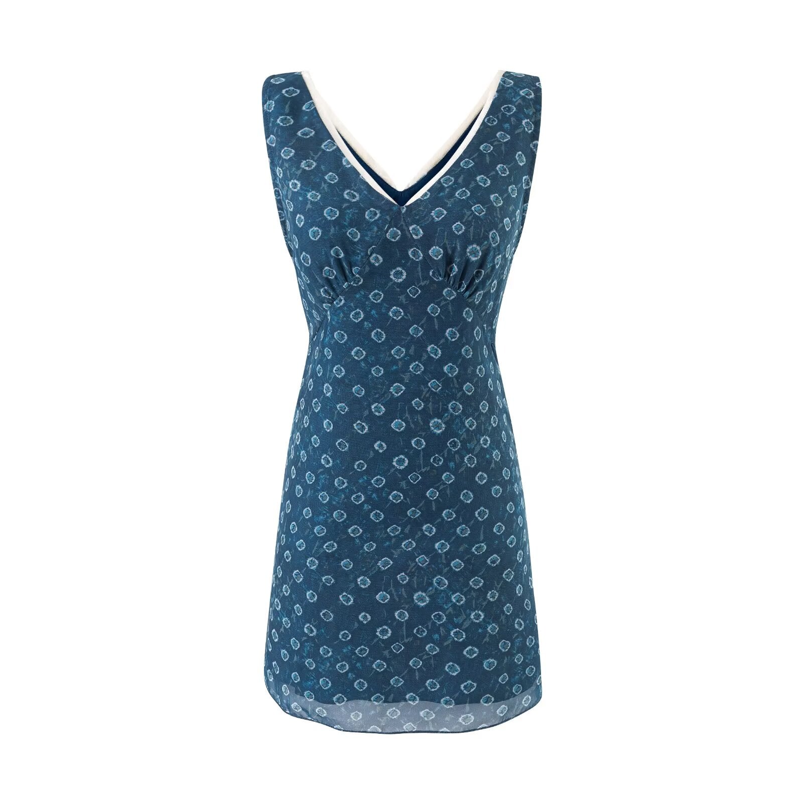 Robe d'été sans manches à col en V, patchwork d'organza et imprimé floral amincissant.