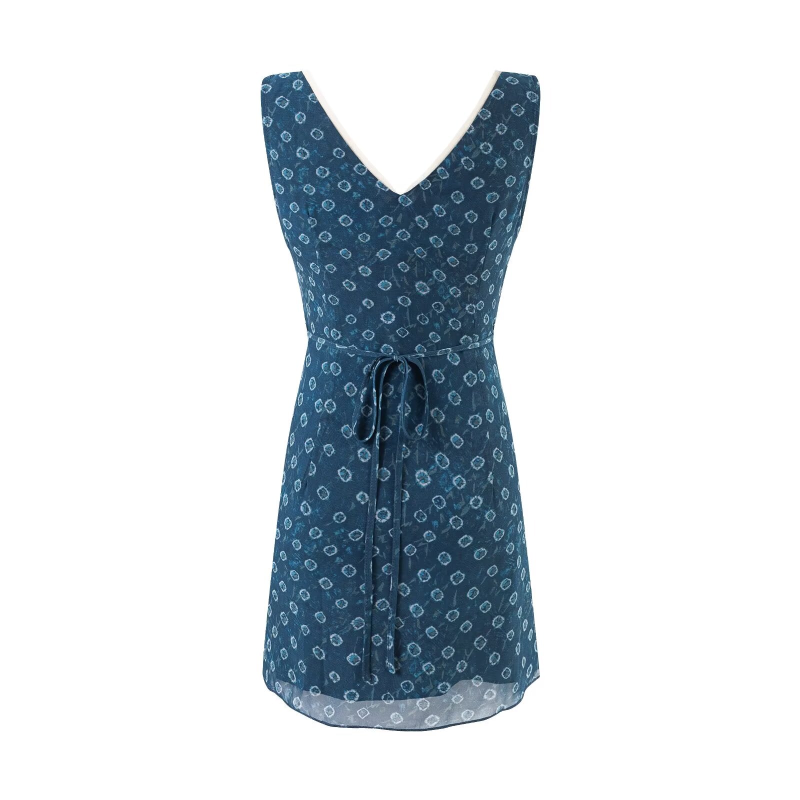 Robe d'été sans manches à col en V, patchwork d'organza et imprimé floral amincissant.