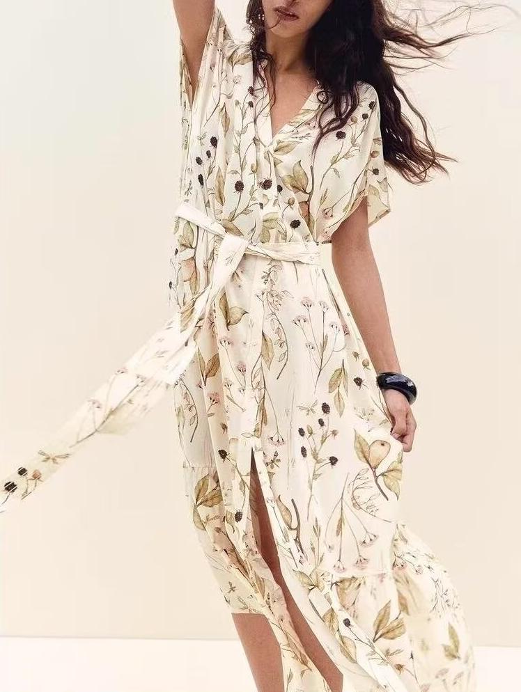 Printed Bohemian Beach Belt Dress Summer Waist Controlled Slimming Midi Dress