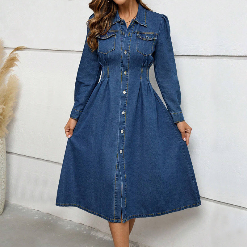 Robe en jean à manches longues et taille cintrée pour femme
