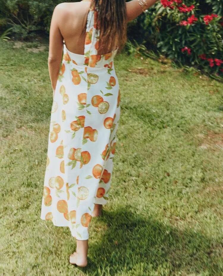 Women Clothing Fashionable Temperamental All Match Linen Printed Halter Dress