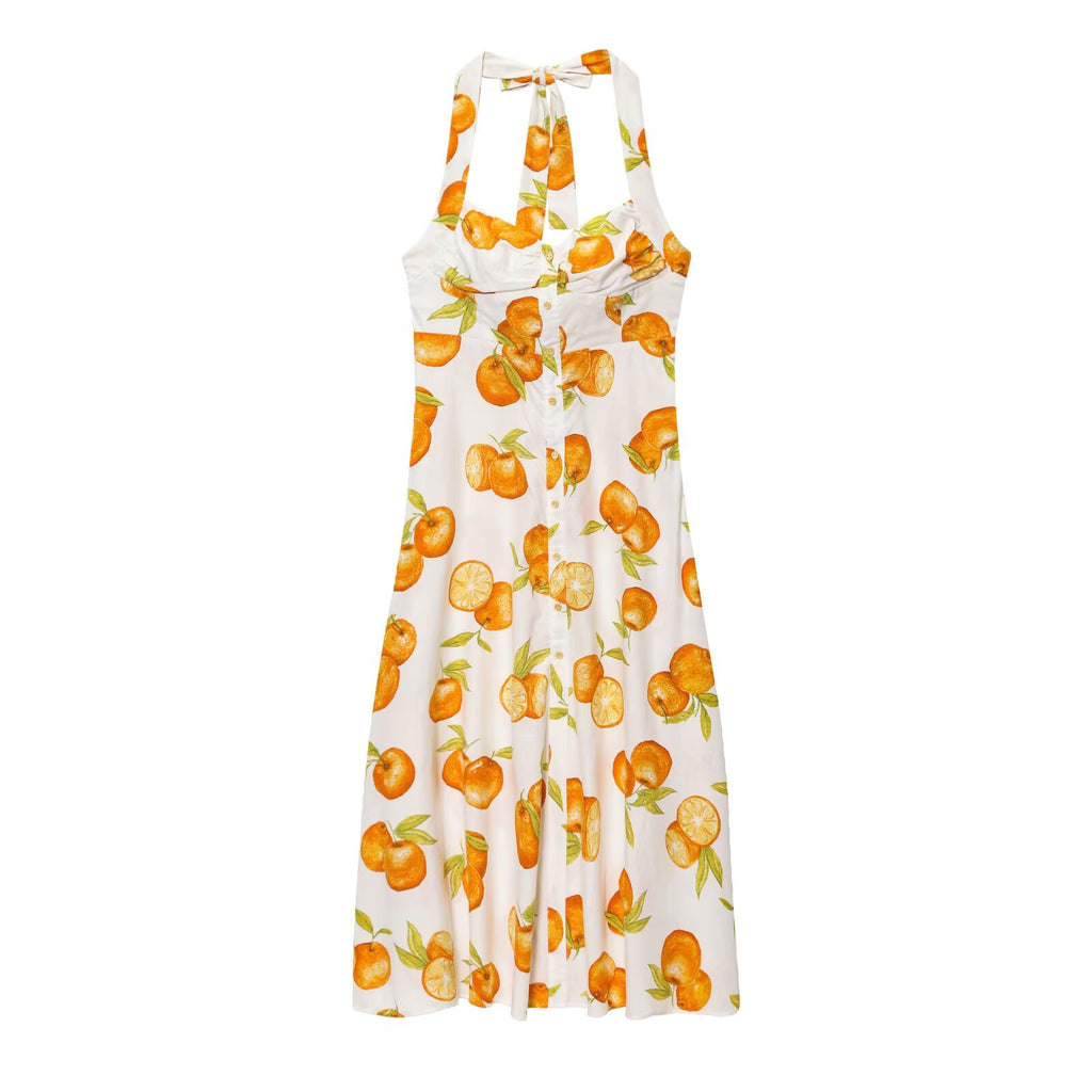 Women Clothing Fashionable Temperamental All Match Linen Printed Halter Dress