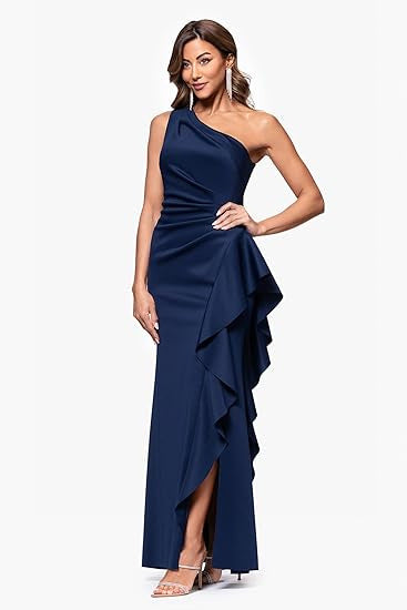 One Shoulder Elegant Solid Color Slim Waist Split Fishtail Side Ruffled Evening Dress