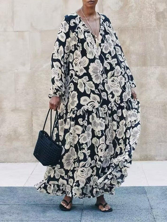Robe maxi bohème à manches longues imprimée en rayonne, collection automne-hiver.