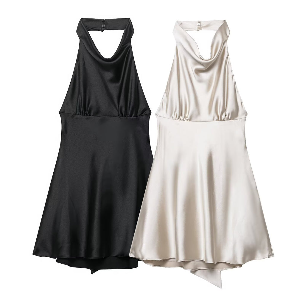 Vestido corto ajustado con cuello halter y textura de satén de seda francesa para mujer