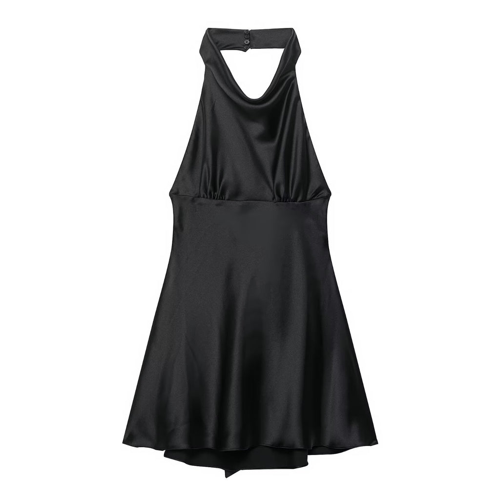 Vestido corto ajustado con cuello halter y textura de satén de seda francesa para mujer