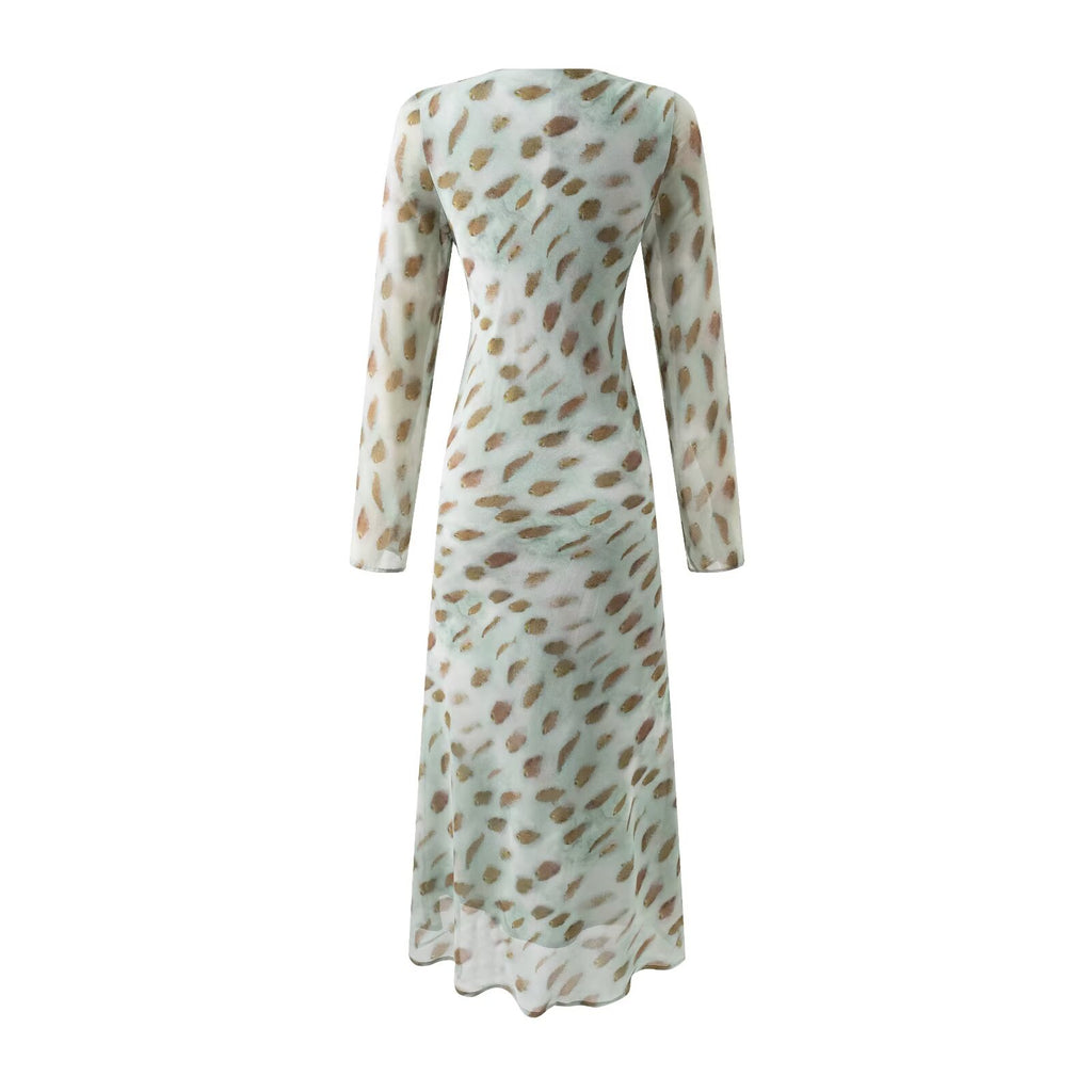 Vestido maxi ajustado de otoño con manga larga y estampado de encaje y lazo con cuello en V sexy