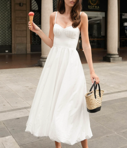 Robe bouffante en coton à bretelles fines, robe d'été cintrée à la taille, robe en pur coton pour femme