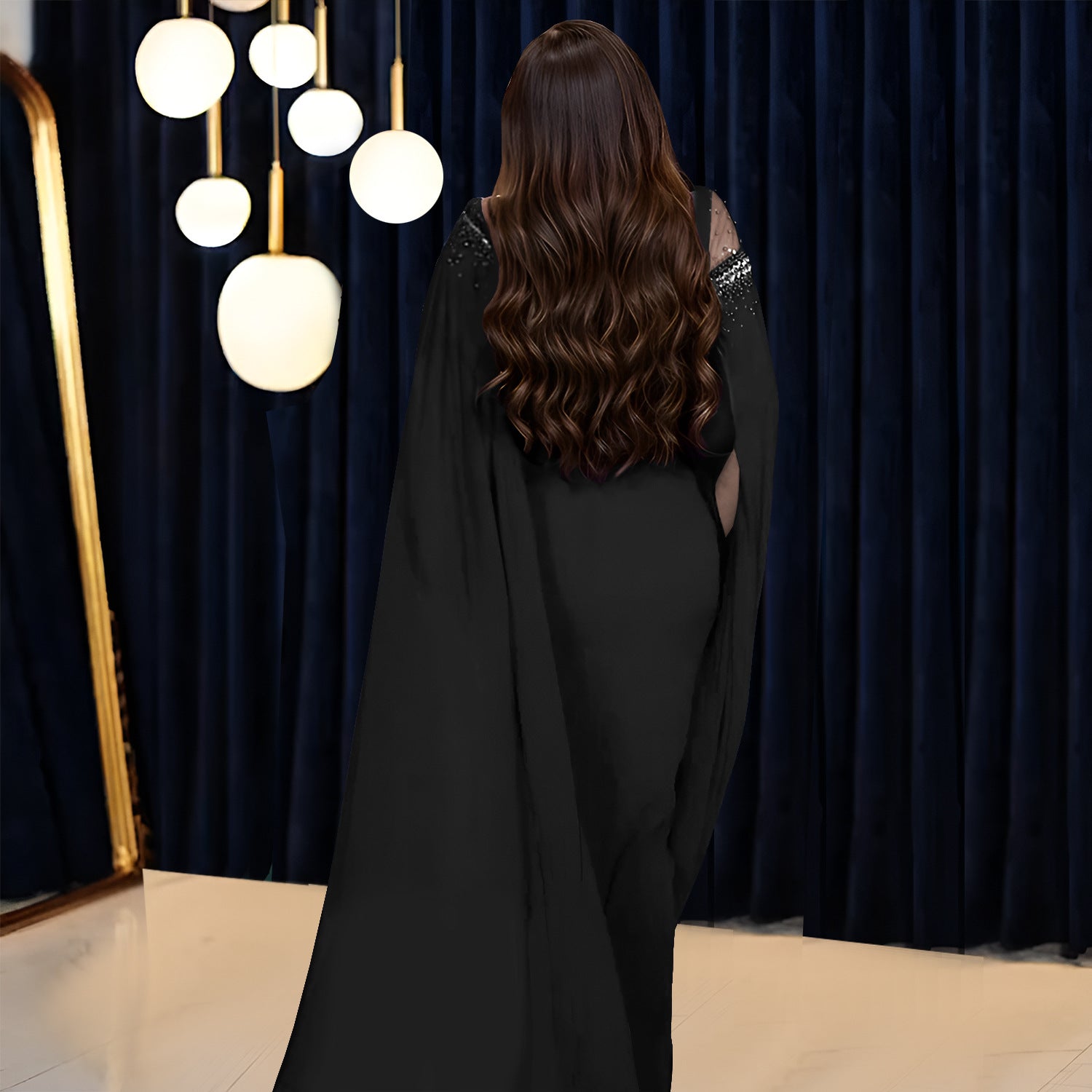 Chiffon Mesh Stitching Heavy Embroidery Drilling Beaded Cape Sleeve Evening Dress