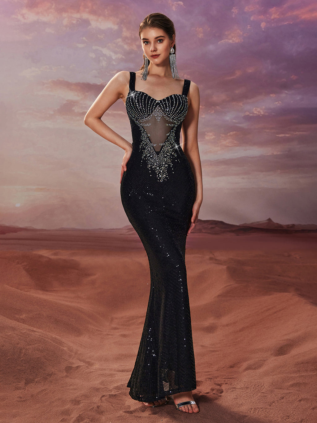 Robe de soirée sexy transparente à sequins pour femme, sans manches, coupe ajustée, élégante robe sirène