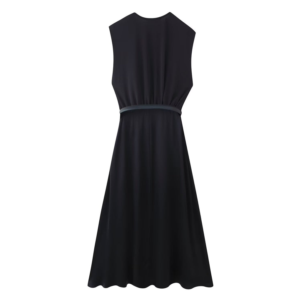 Summer Women Casual Slimming Solid Color V neck with Belt Stitching Midi Dress