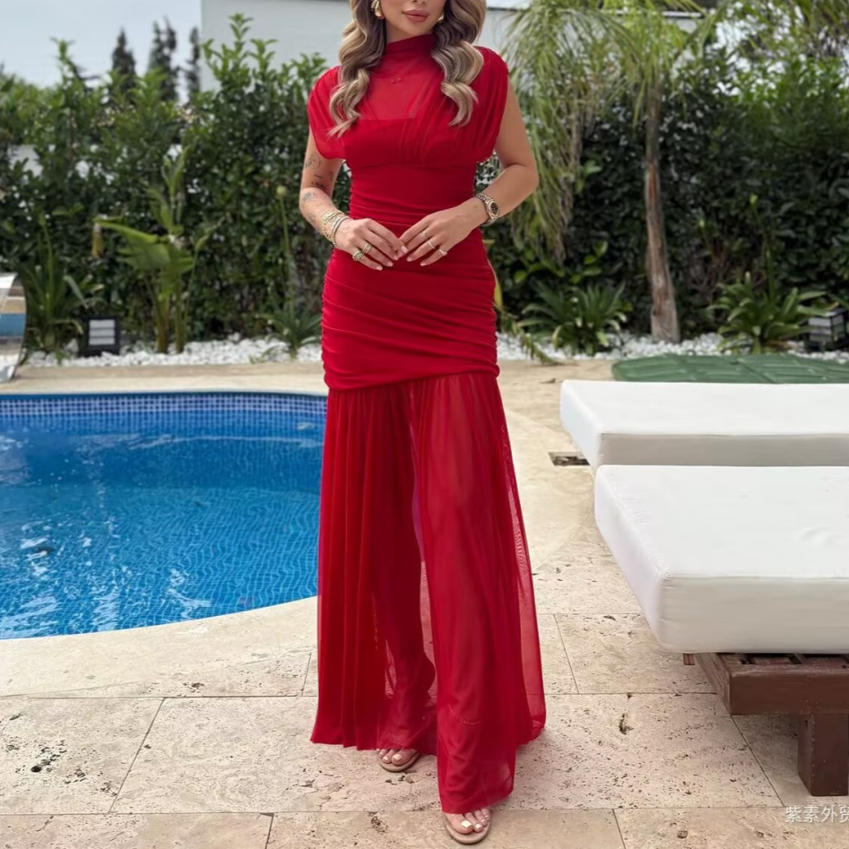 Vestido de otoño para mujer, sexy, de cuello alto, ajustado, con costuras de red de seda