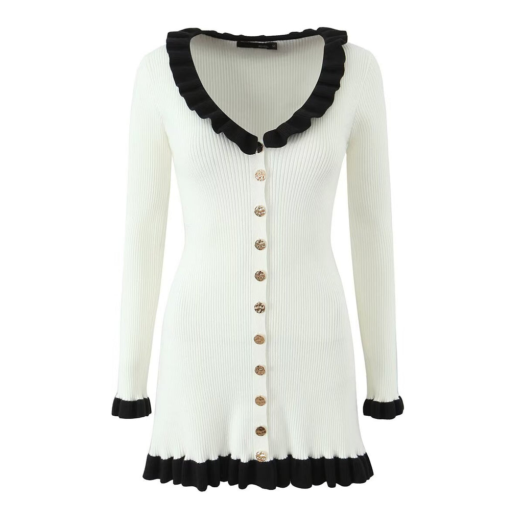 Vestido de debutante retro francés con cuello de loto, manga larga, diseño para mujer, costuras en contraste de color, corte ajustado, tejido