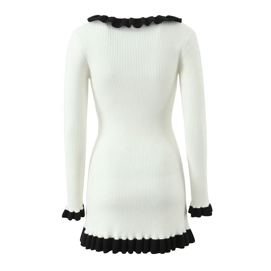 Vestido de debutante retro francés con cuello de loto, manga larga, diseño para mujer, costuras en contraste de color, corte ajustado, tejido