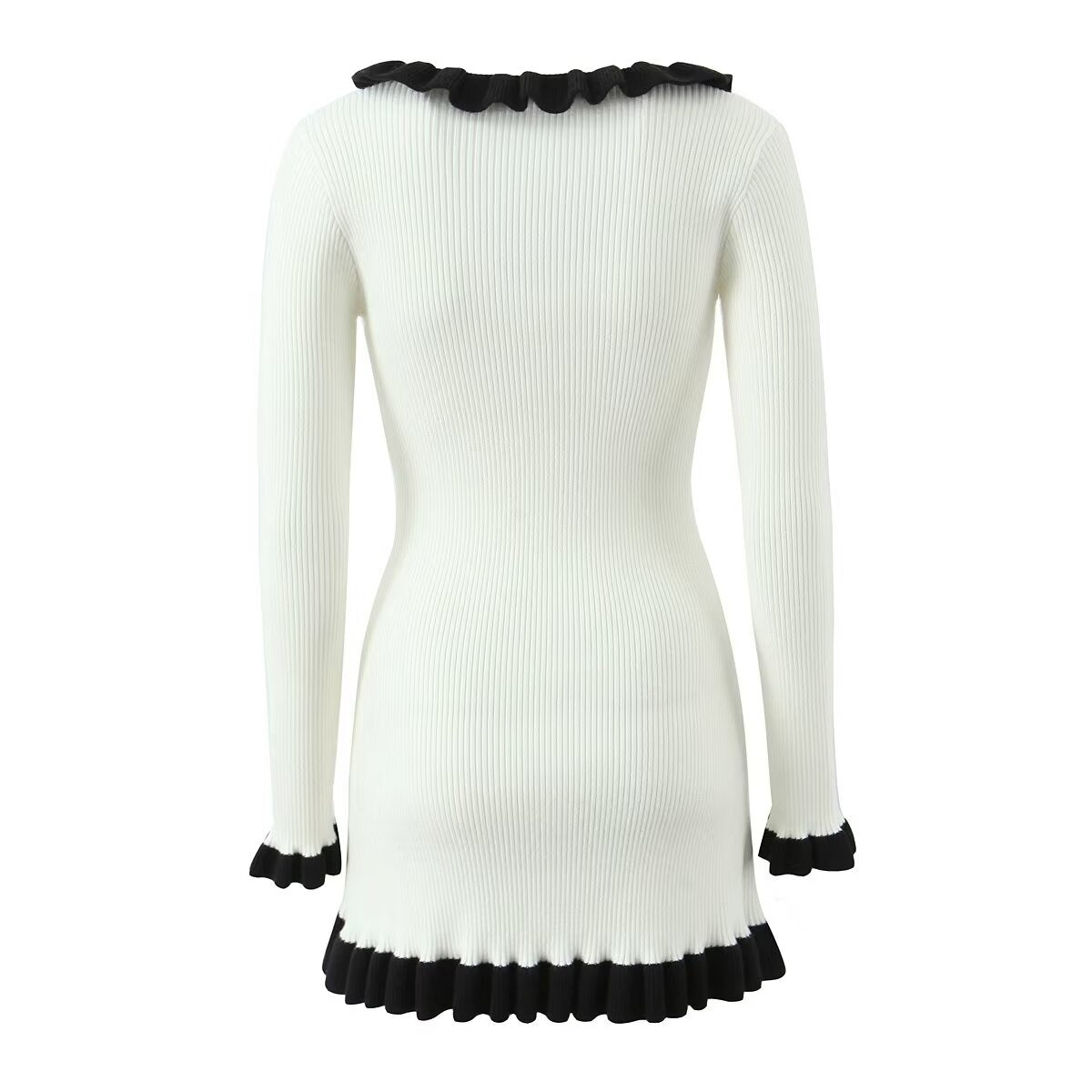 French Retro Debutante Lotus Collar Long Sleeve Dress Women Design Stitching Contrast Color Slim Fit Knitted