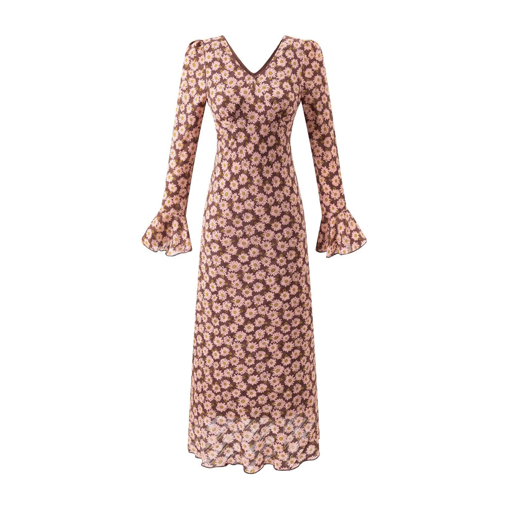 Vestido de mujer con cuello en V y estampado floral de longitud media