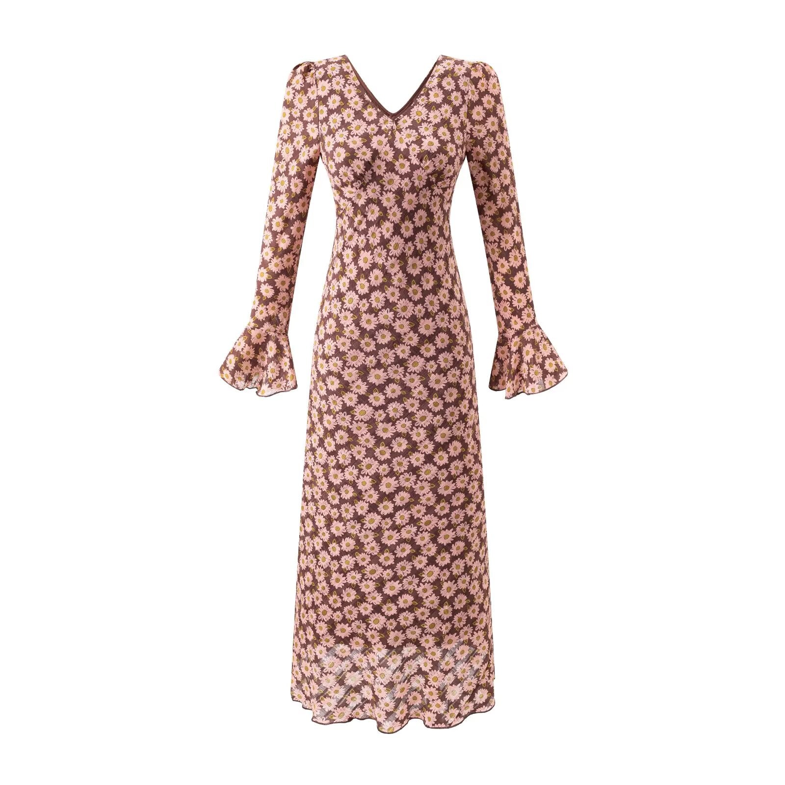 Vestido de mujer con cuello en V y estampado floral de longitud media