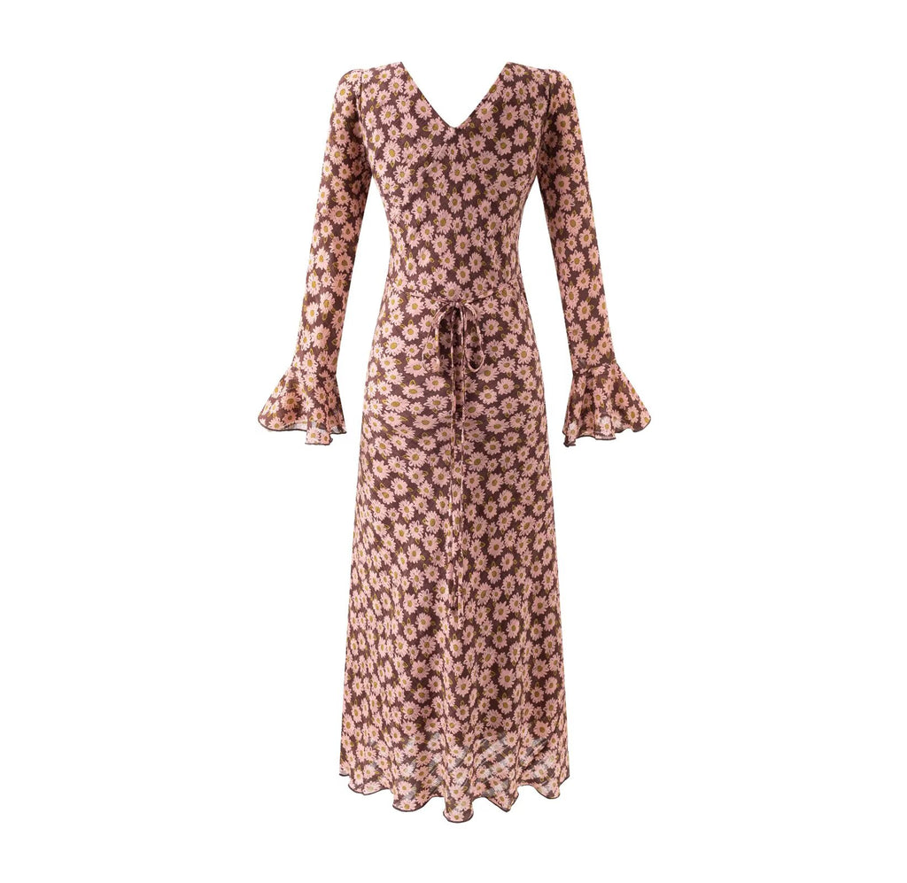 Vestido de mujer con cuello en V y estampado floral de longitud media