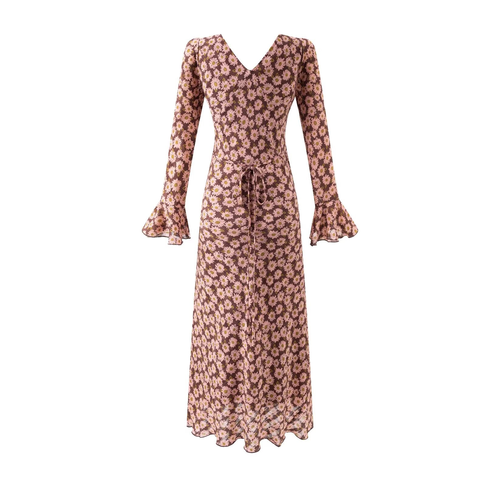 Vestido de mujer con cuello en V y estampado floral de longitud media