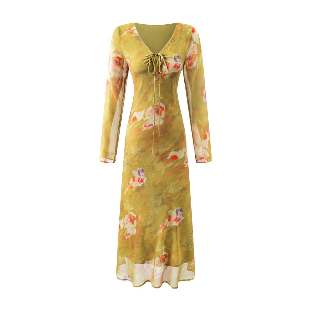 Floral Mid Length Dress Printed Yellow Summer Women Clothing Picture Color Stitching Midi Dress