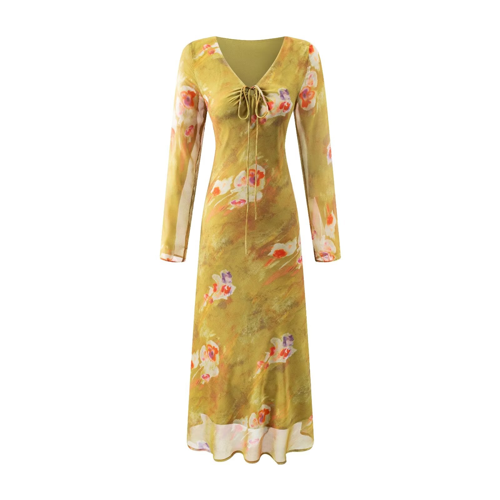 Floral Mid Length Dress Printed Yellow Summer Women Clothing Picture Color Stitching Midi Dress