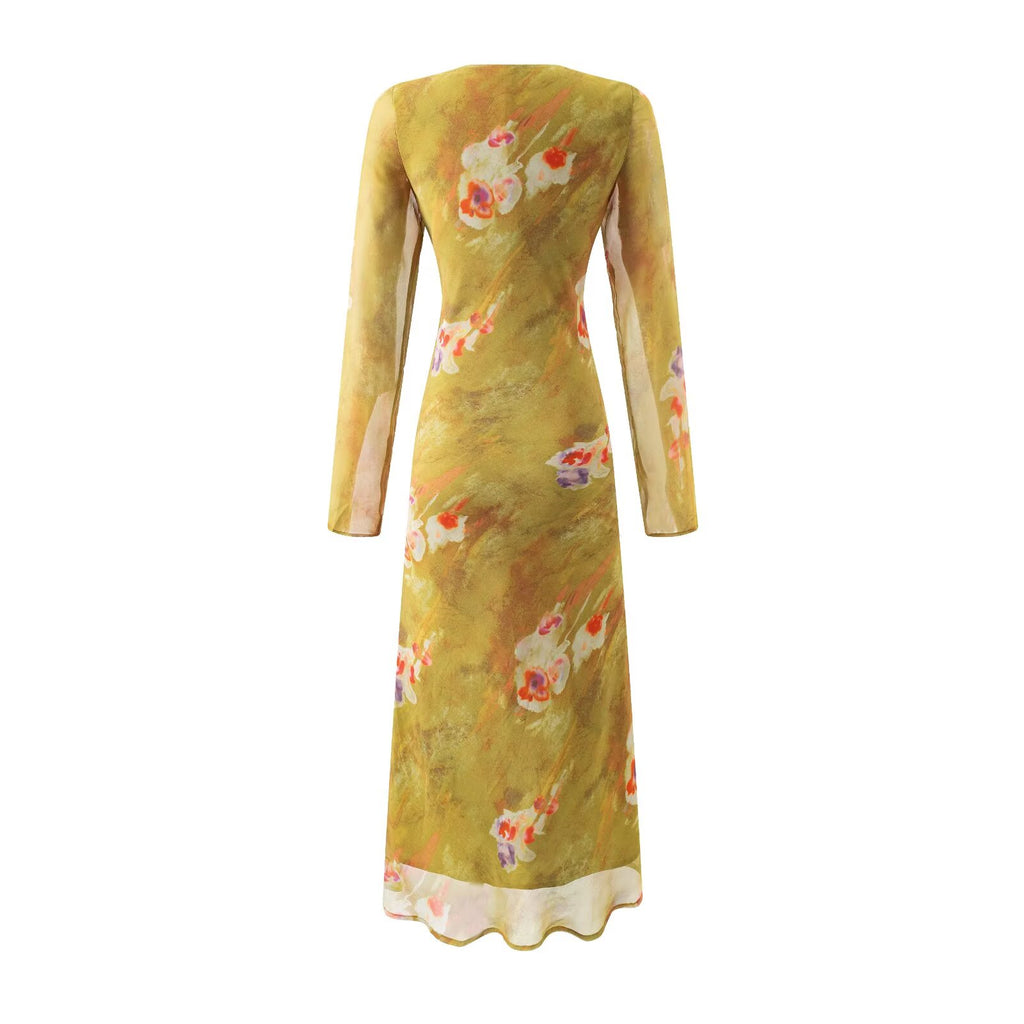 Floral Mid Length Dress Printed Yellow Summer Women Clothing Picture Color Stitching Midi Dress
