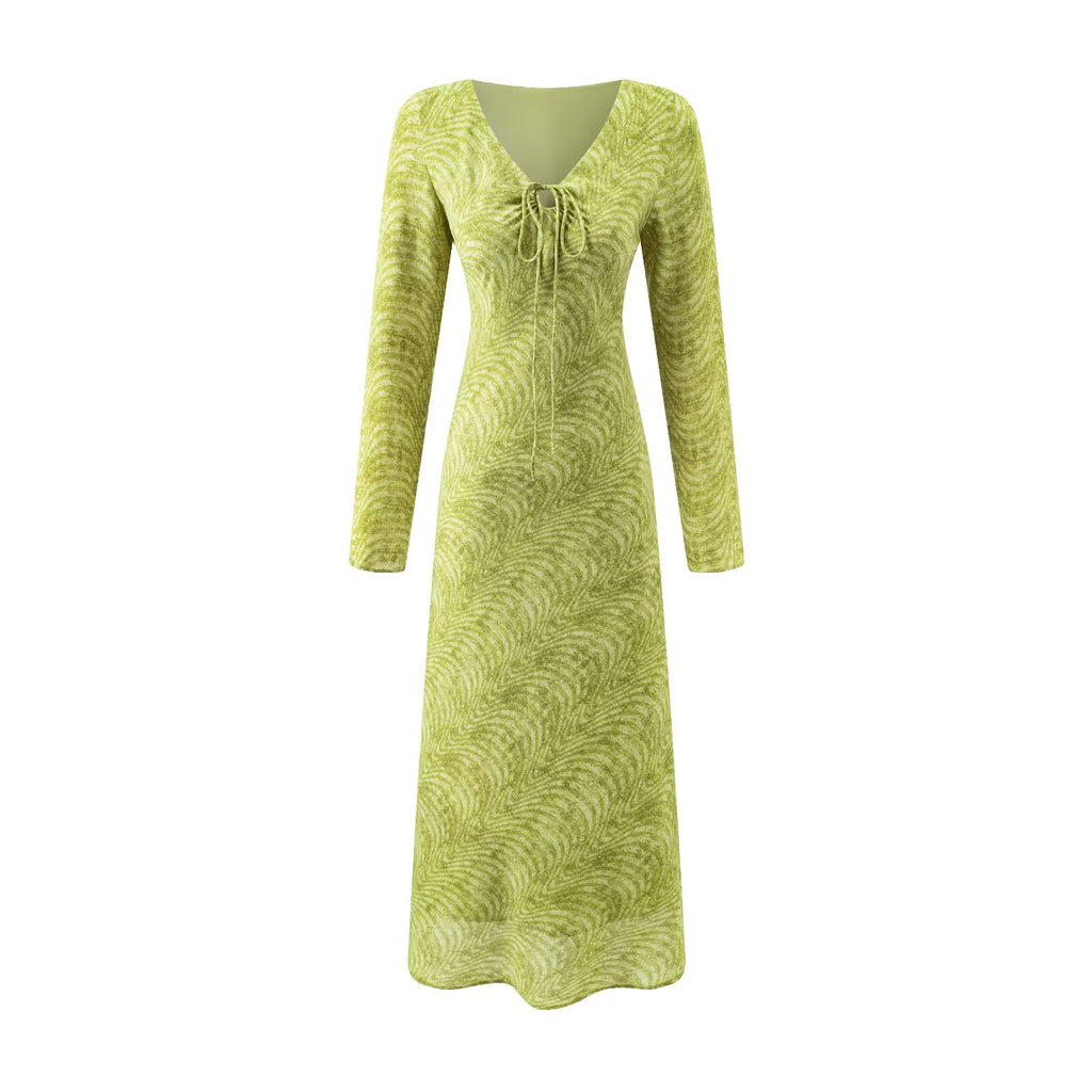 Vestido estampado de cuello en V y manga larga para mujer de Summer Wind